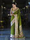 Banarasee Handloom Mashru Silk Saree With Buti Design Meenadar Border & Pallu-Green