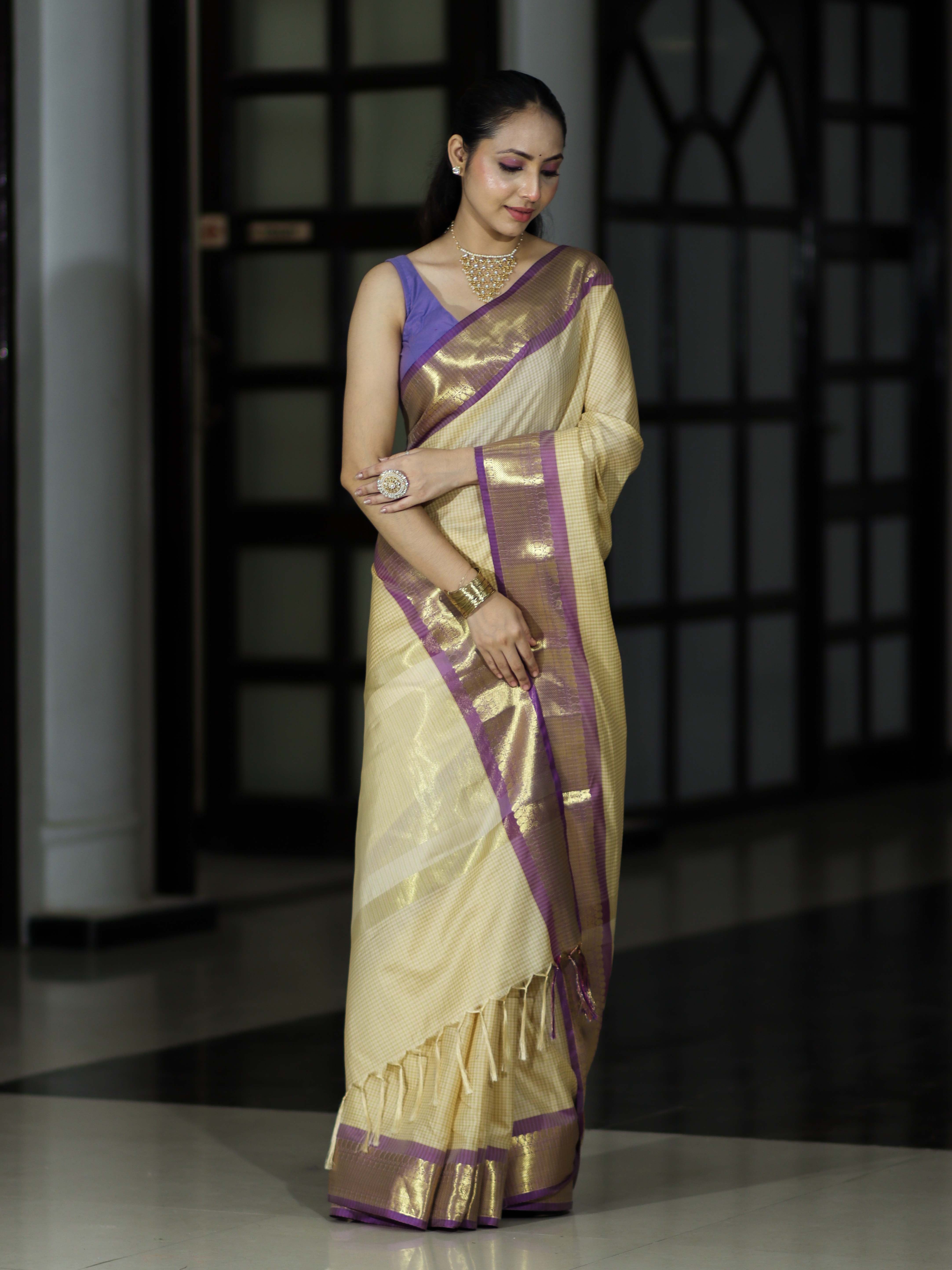 Banarasee Handloom Semi Silk Saree With Checks Pattern & Contrast Border-Light Yellow & Lavender