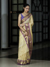 Banarasee Handloom Semi Silk Saree With Checks Pattern & Contrast Border-Light Yellow & Lavender