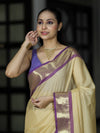 Banarasee Handloom Semi Silk Saree With Checks Pattern & Contrast Border-Light Yellow & Lavender