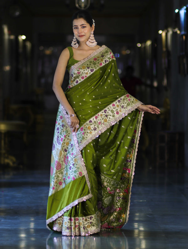 Banarasee Handloom Mashru Silk Saree With Buti Design Meenadar Border & Pallu-Green