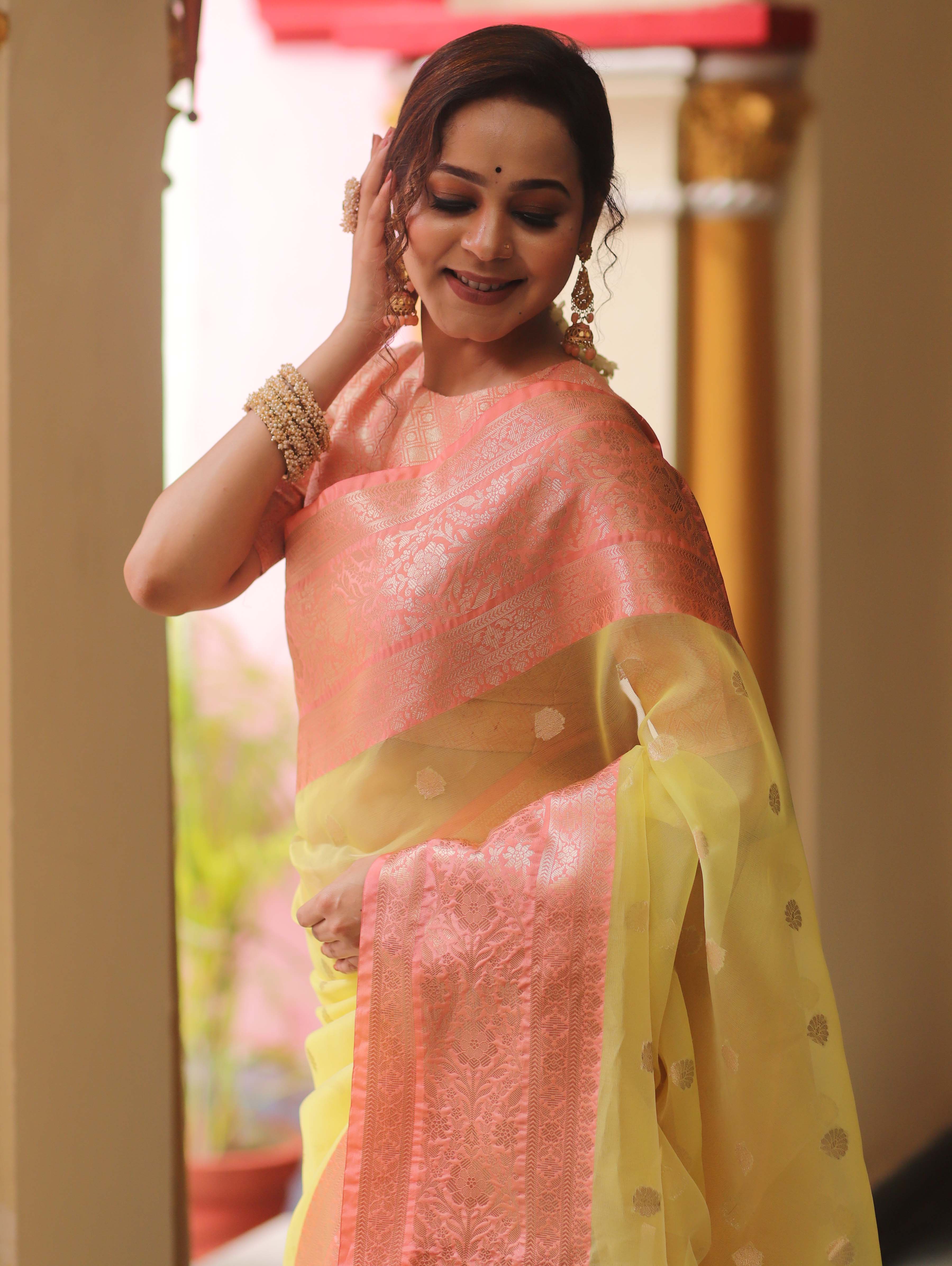 Banarasee Organza Mix Saree With Zari Buta & Border-Yellow & Pink