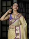 Banarasee Handloom Semi Silk Saree With Checks Pattern & Contrast Border-Light Yellow & Lavender