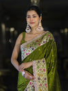 Banarasee Handloom Mashru Silk Saree With Buti Design Meenadar Border & Pallu-Green