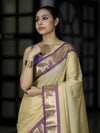 Banarasee Handloom Semi Silk Saree With Checks Pattern & Contrast Border-Light Yellow & Lavender