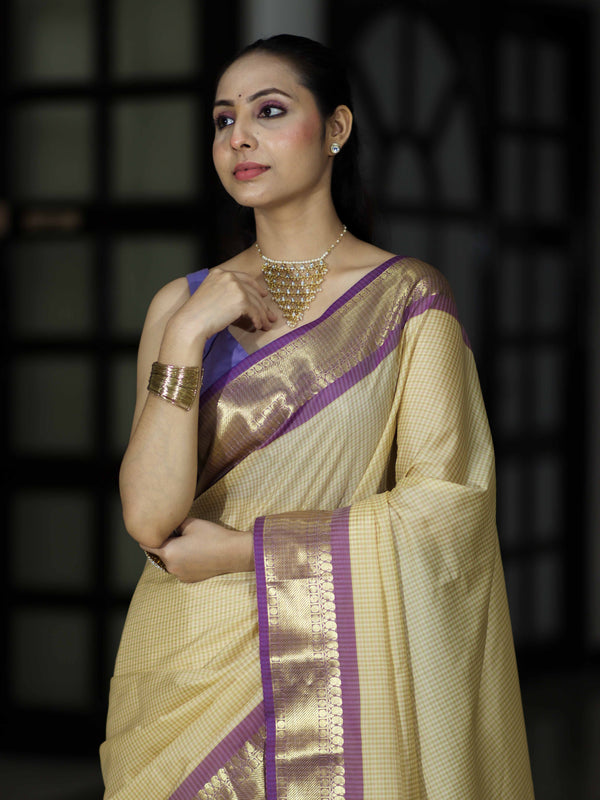 Banarasee Handloom Semi Silk Saree With Checks Pattern & Contrast Border-Light Yellow & Lavender