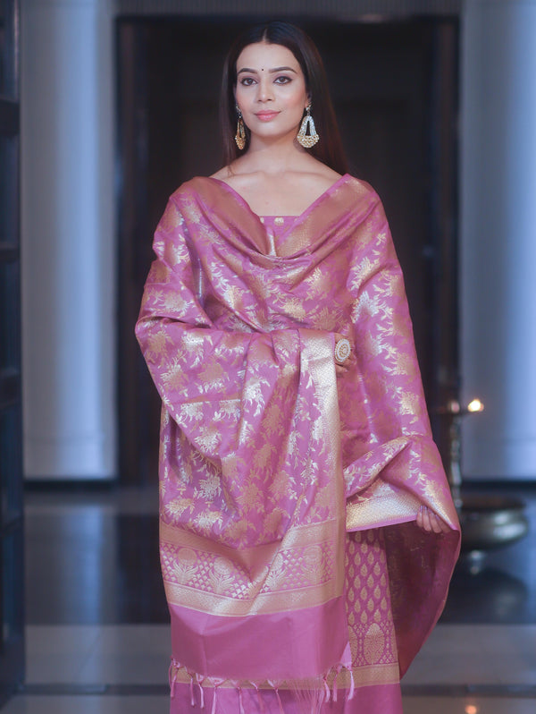 Banarasee Zari Work Semi Katan Salwar Kameez Fabric With Dupatta-Salmon Pink