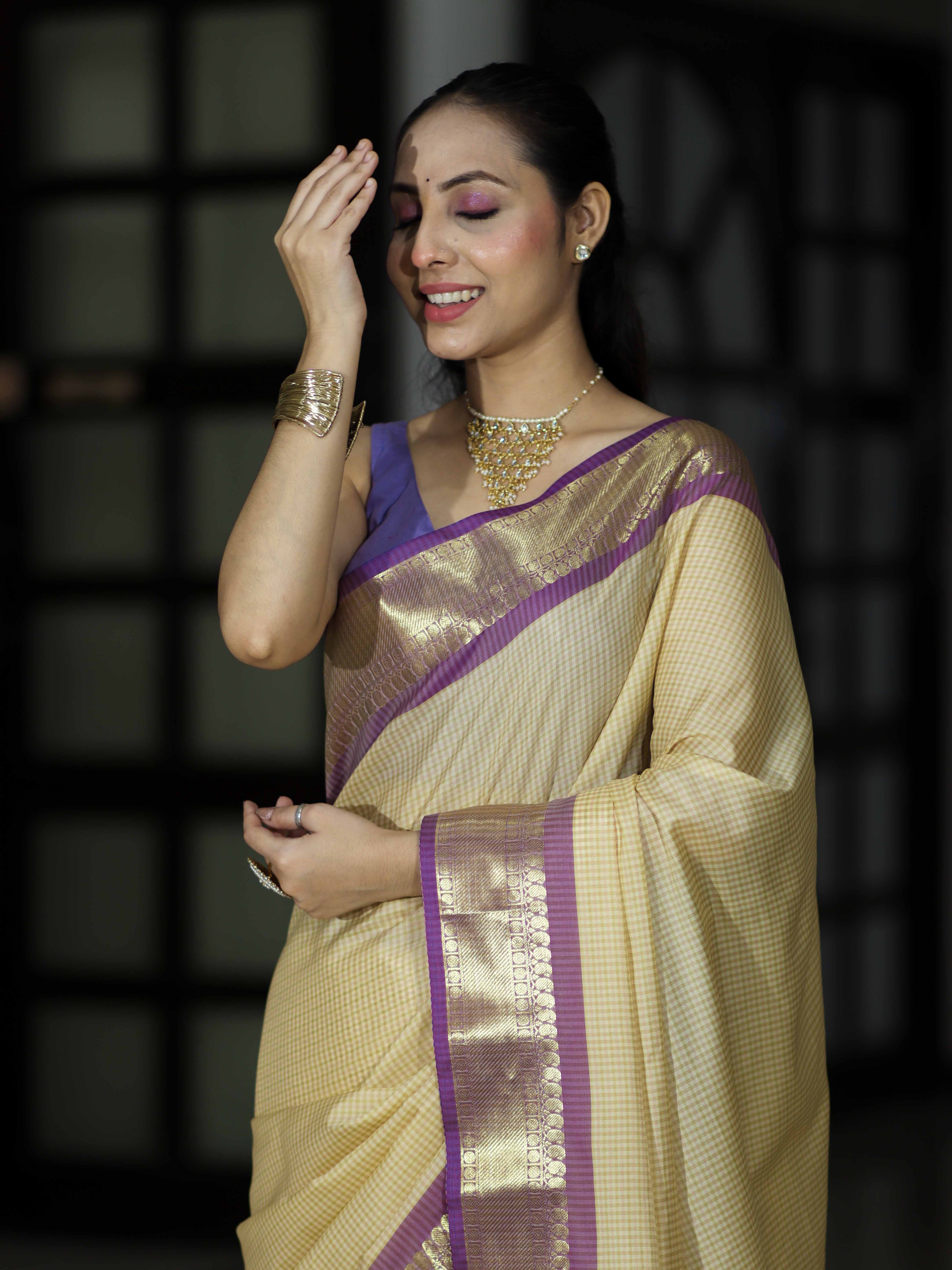 Banarasee Handloom Semi Silk Saree With Checks Pattern & Contrast Border-Light Yellow & Lavender
