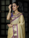 Banarasee Handloom Semi Silk Saree With Checks Pattern & Contrast Border-Light Yellow & Lavender