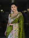 Banarasee Handloom Mashru Silk Saree With Buti Design Meenadar Border & Pallu-Green
