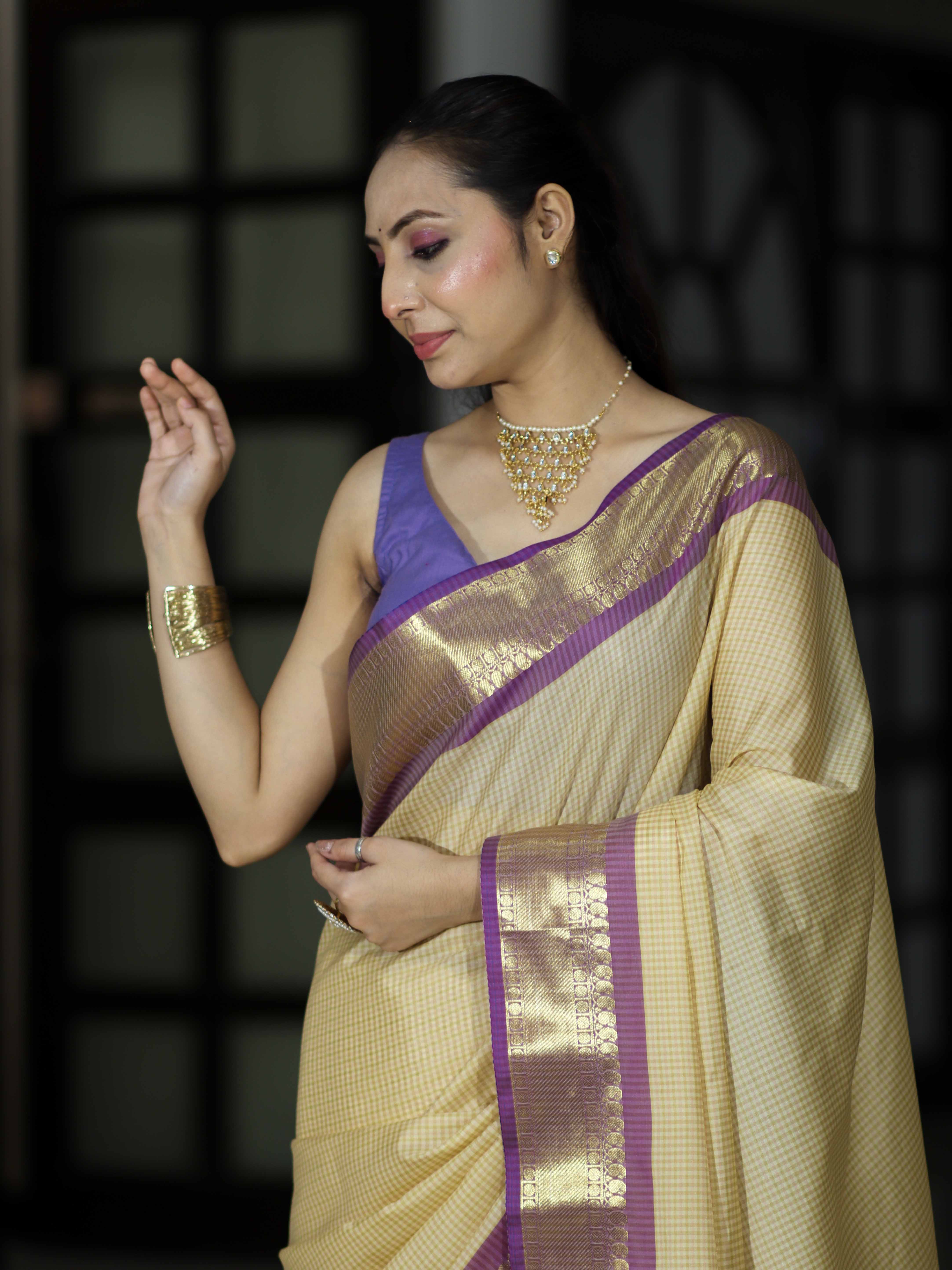 Banarasee Handloom Semi Silk Saree With Checks Pattern & Contrast Border-Light Yellow & Lavender