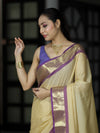 Banarasee Handloom Semi Silk Saree With Checks Pattern & Contrast Border-Light Yellow & Lavender
