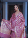 Banarasee Zari Work Semi Katan Salwar Kameez Fabric With Dupatta-Salmon Pink