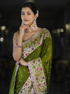 Banarasee Handloom Mashru Silk Saree With Buti Design Meenadar Border & Pallu-Green