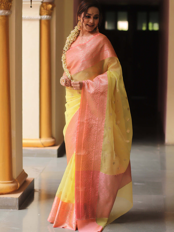 Banarasee Organza Mix Saree With Zari Buta & Border-Yellow & Pink