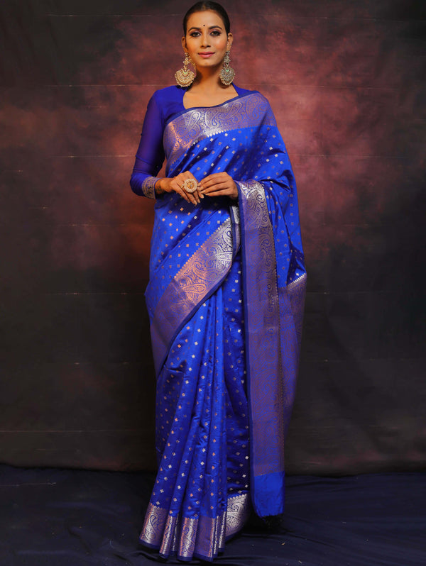 Banarasee Handwoven Semi Silk Saree With Zari Work-Blue