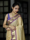 Banarasee Handloom Semi Silk Saree With Checks Pattern & Contrast Border-Light Yellow & Lavender