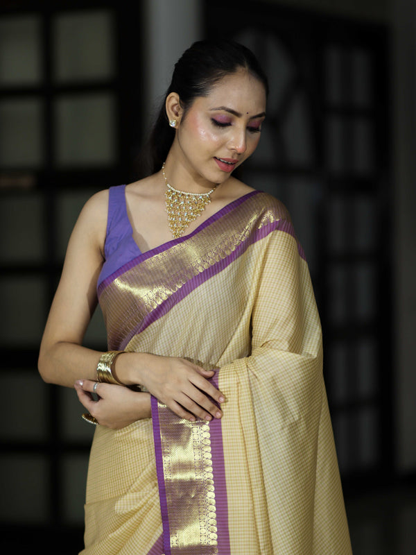 Banarasee Handloom Semi Silk Saree With Checks Pattern & Contrast Border-Light Yellow & Lavender