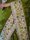 Banarasee Handloom Mashru Silk Saree With Buti Design Meenadar Border & Pallu-Green
