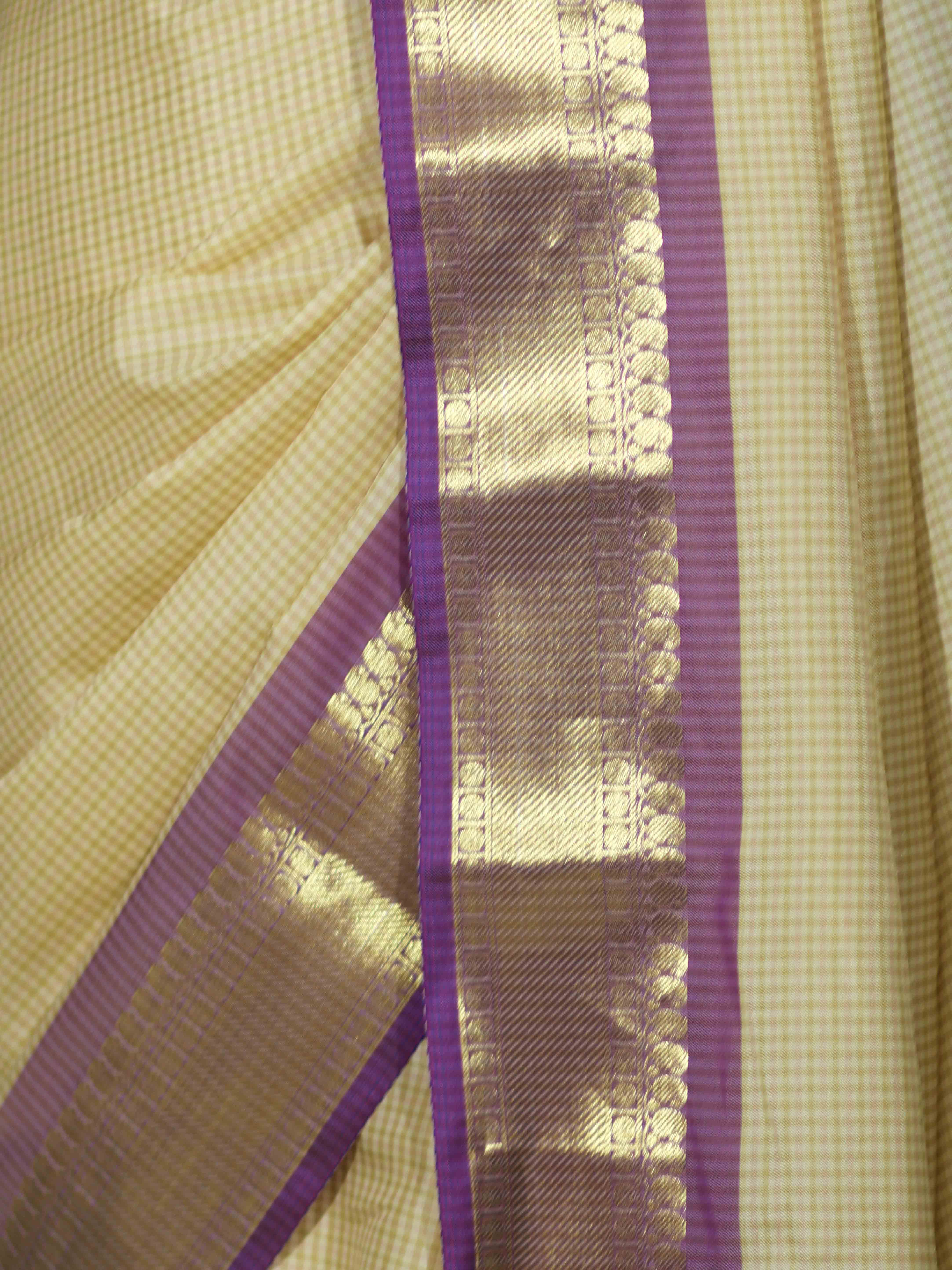 Banarasee Handloom Semi Silk Saree With Checks Pattern & Contrast Border-Light Yellow & Lavender