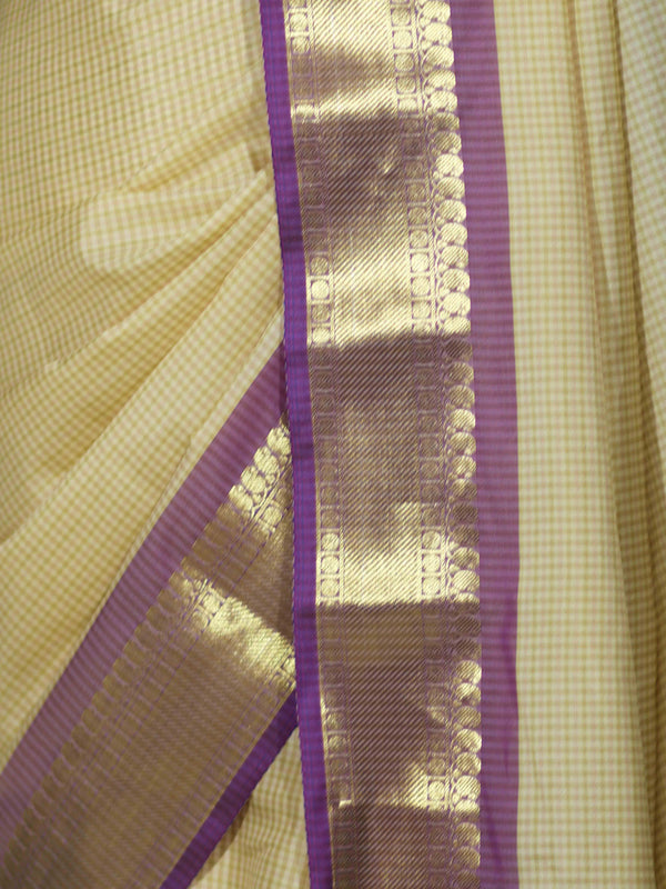 Banarasee Handloom Semi Silk Saree With Checks Pattern & Contrast Border-Light Yellow & Lavender