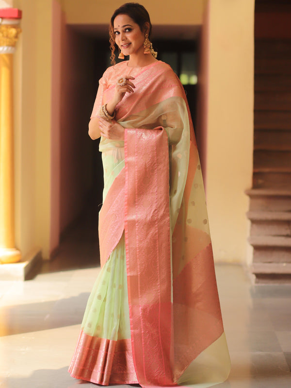 Banarasee Organza Mix Saree With Zari Buta & Border-Green & Pink