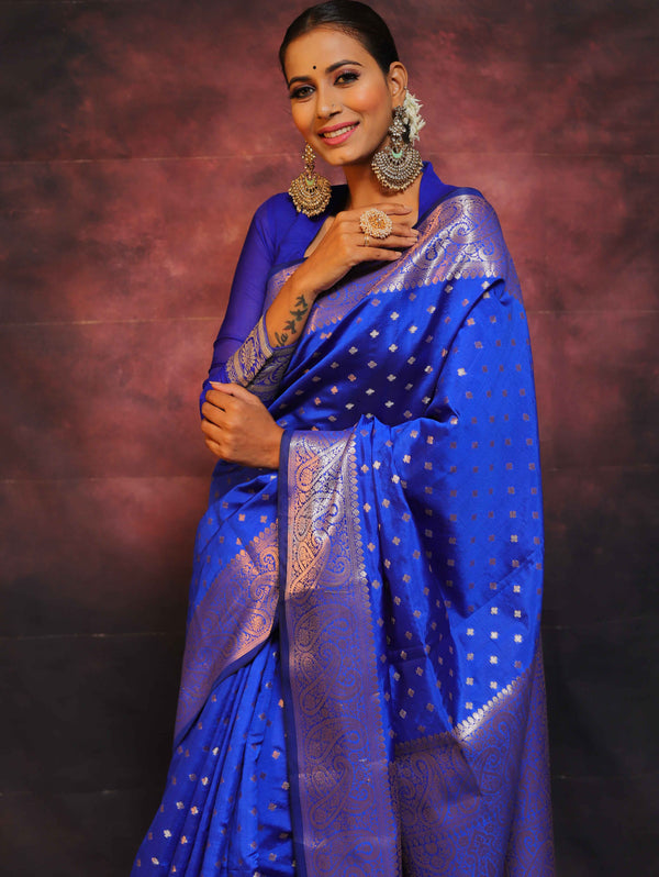 Banarasee Handwoven Semi Silk Saree With Zari Work-Blue