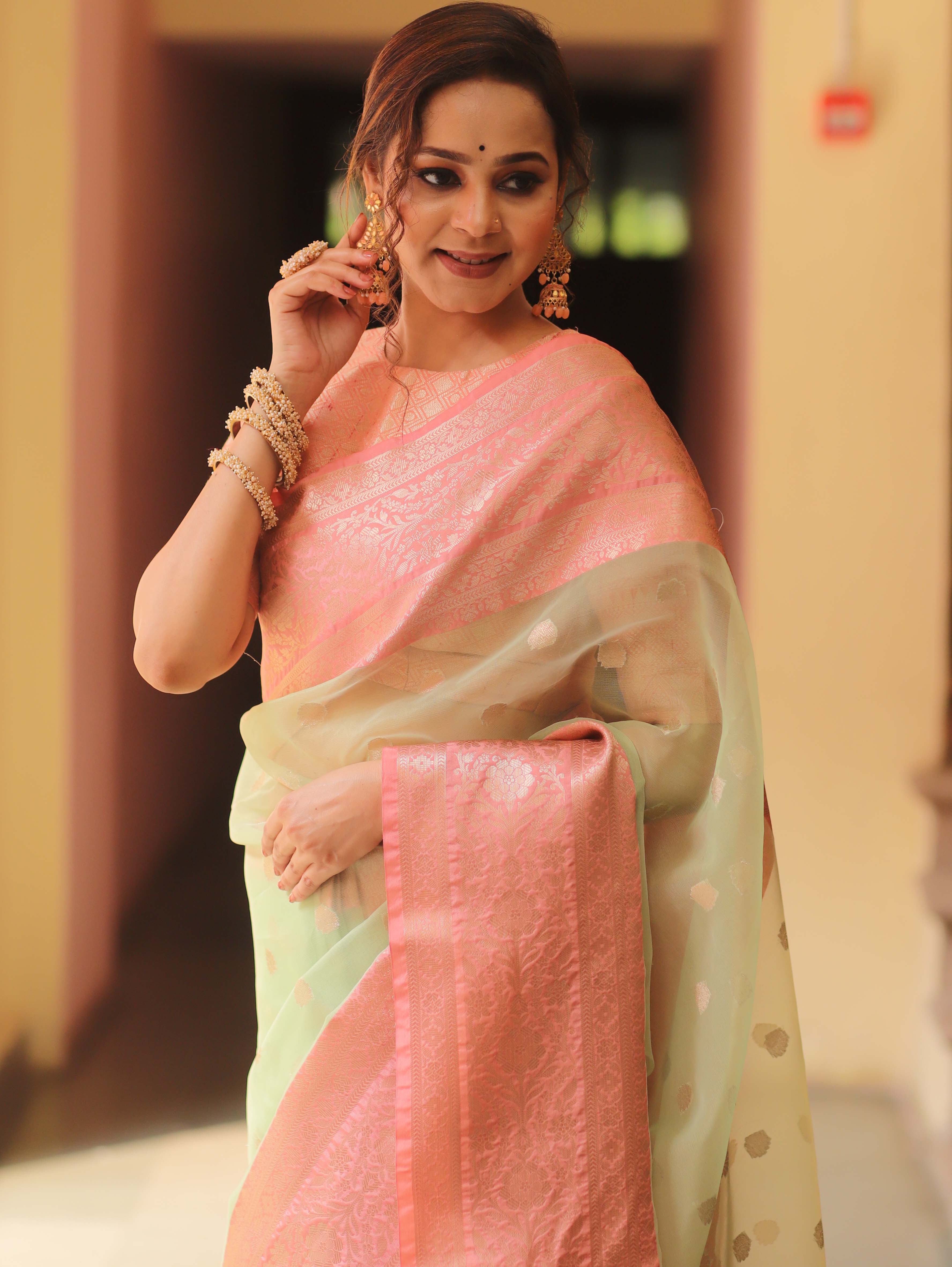 Banarasee Organza Mix Saree With Zari Buta & Border-Green & Pink