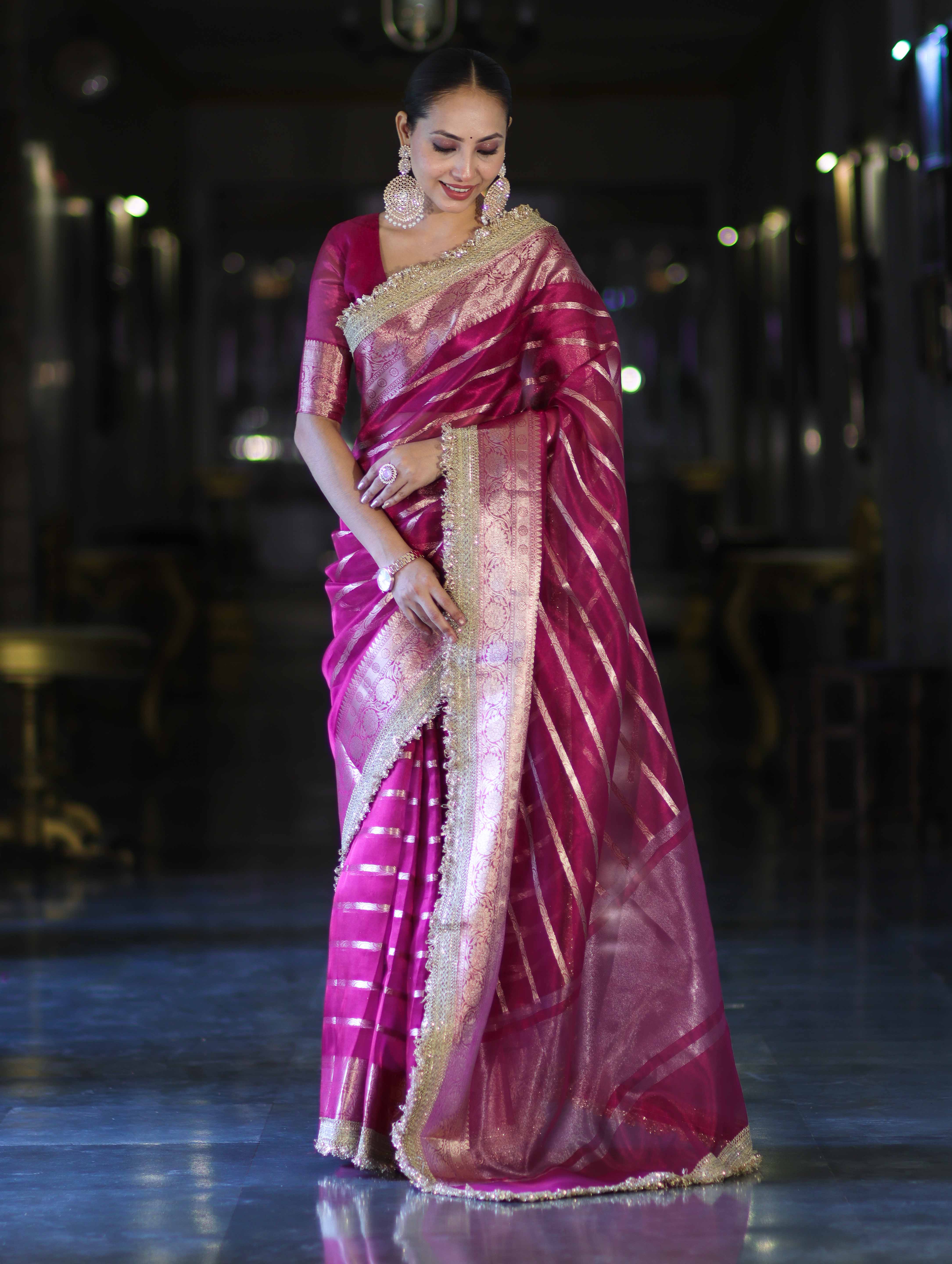 Banarasee Handwoven Tissue Saree With Zari Stripe Pattern Border & Lace-Magenta
