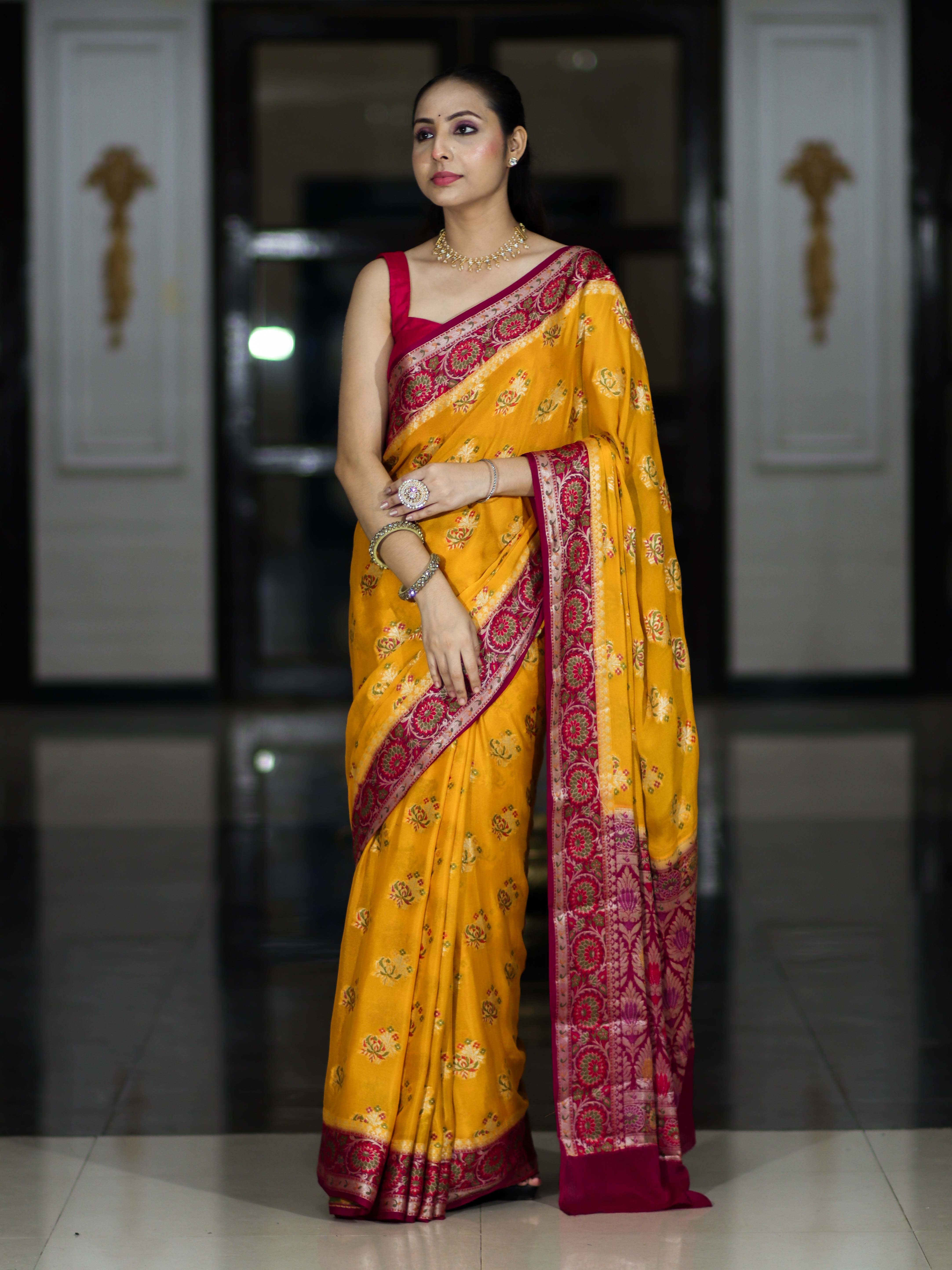 Banarasee Handloom Pure Chiffon Saree With Resham Work & Contrast Border-Yellow & Pink