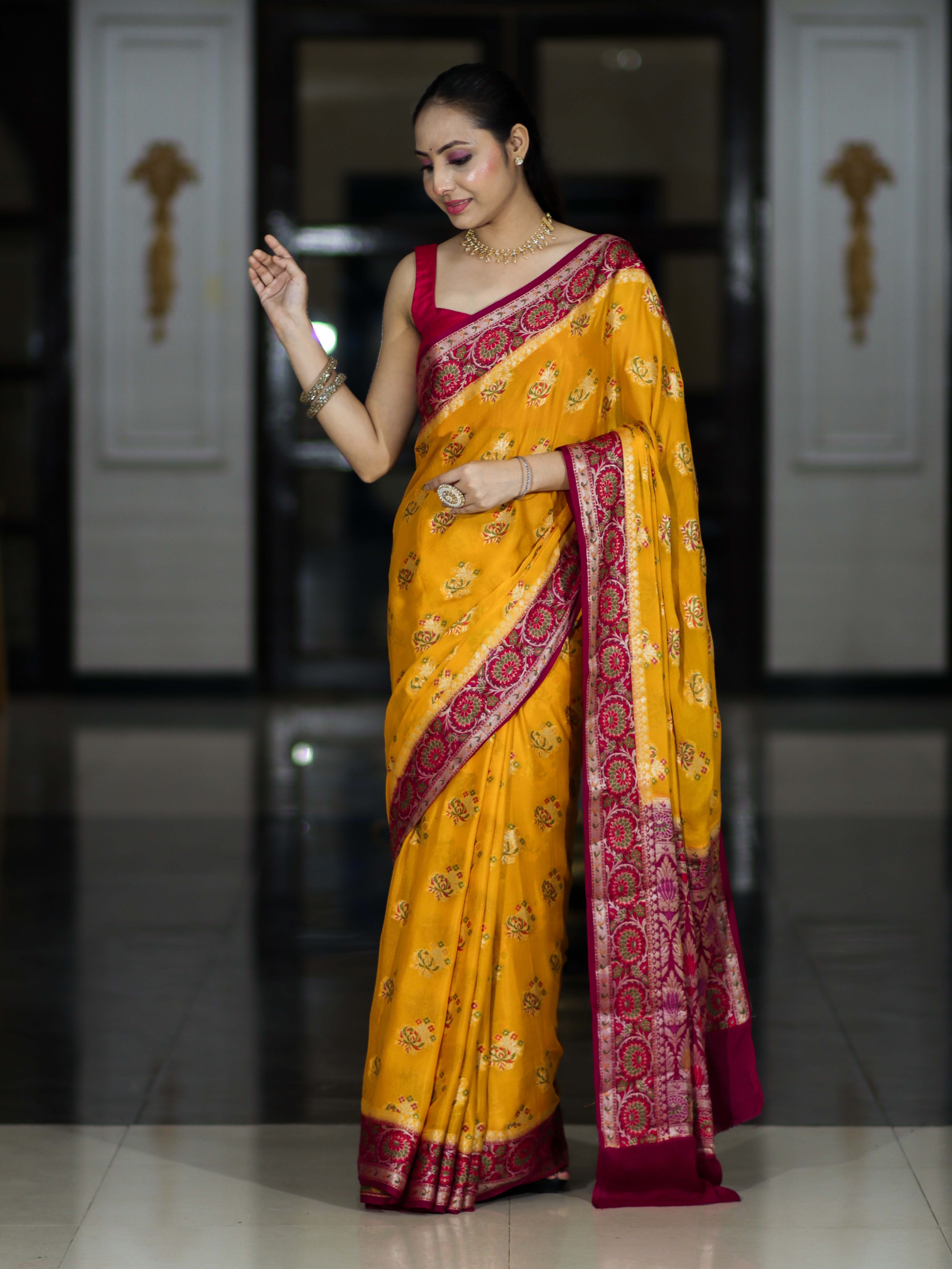 Banarasee Handloom Pure Chiffon Saree With Resham Work & Contrast Border-Yellow & Pink