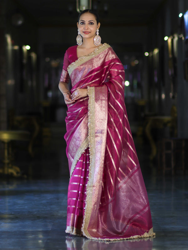 Banarasee Handwoven Tissue Saree With Zari Stripe Pattern Border & Lace-Magenta
