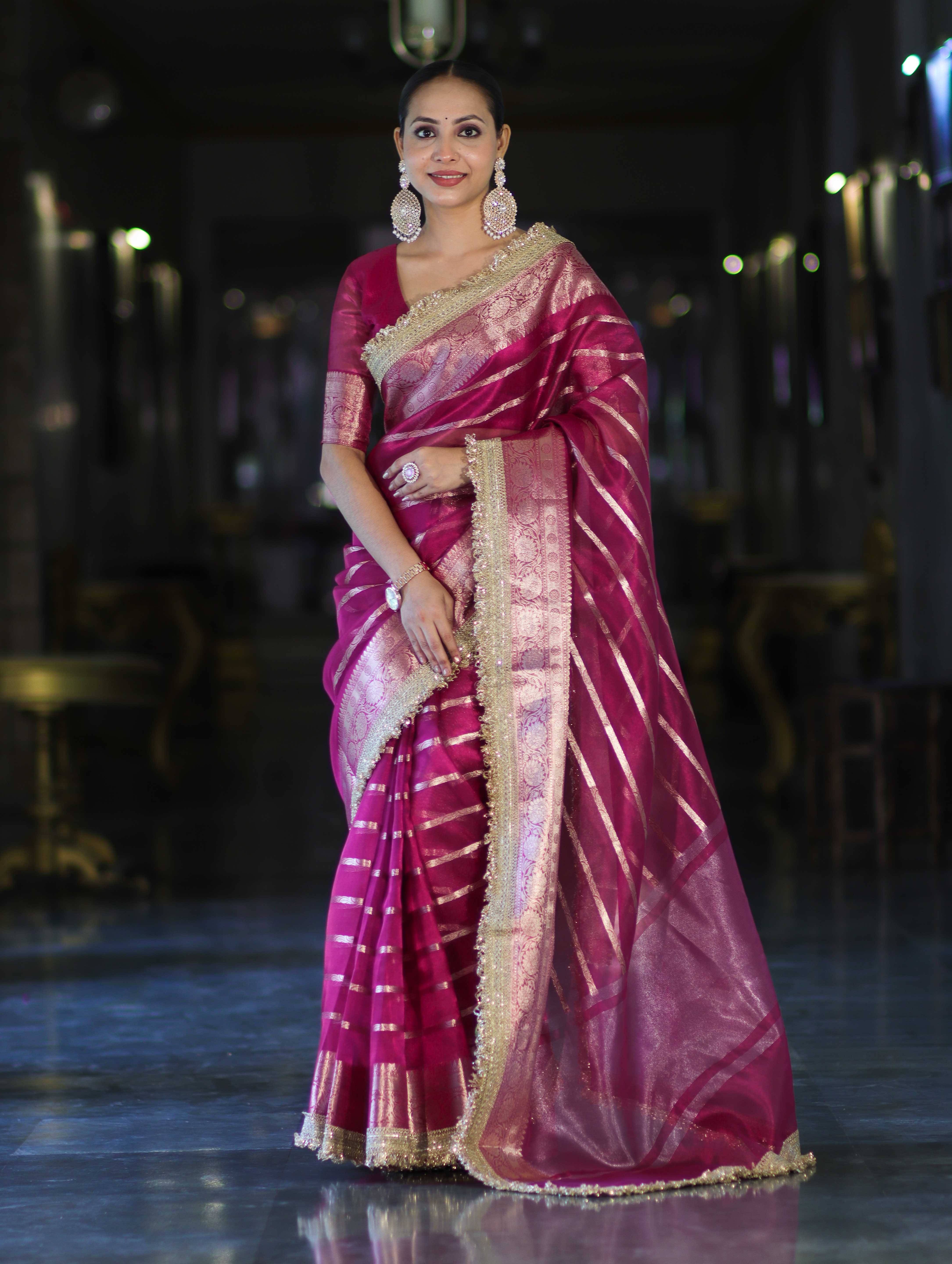 Banarasee Handwoven Tissue Saree With Zari Stripe Pattern Border & Lace-Magenta