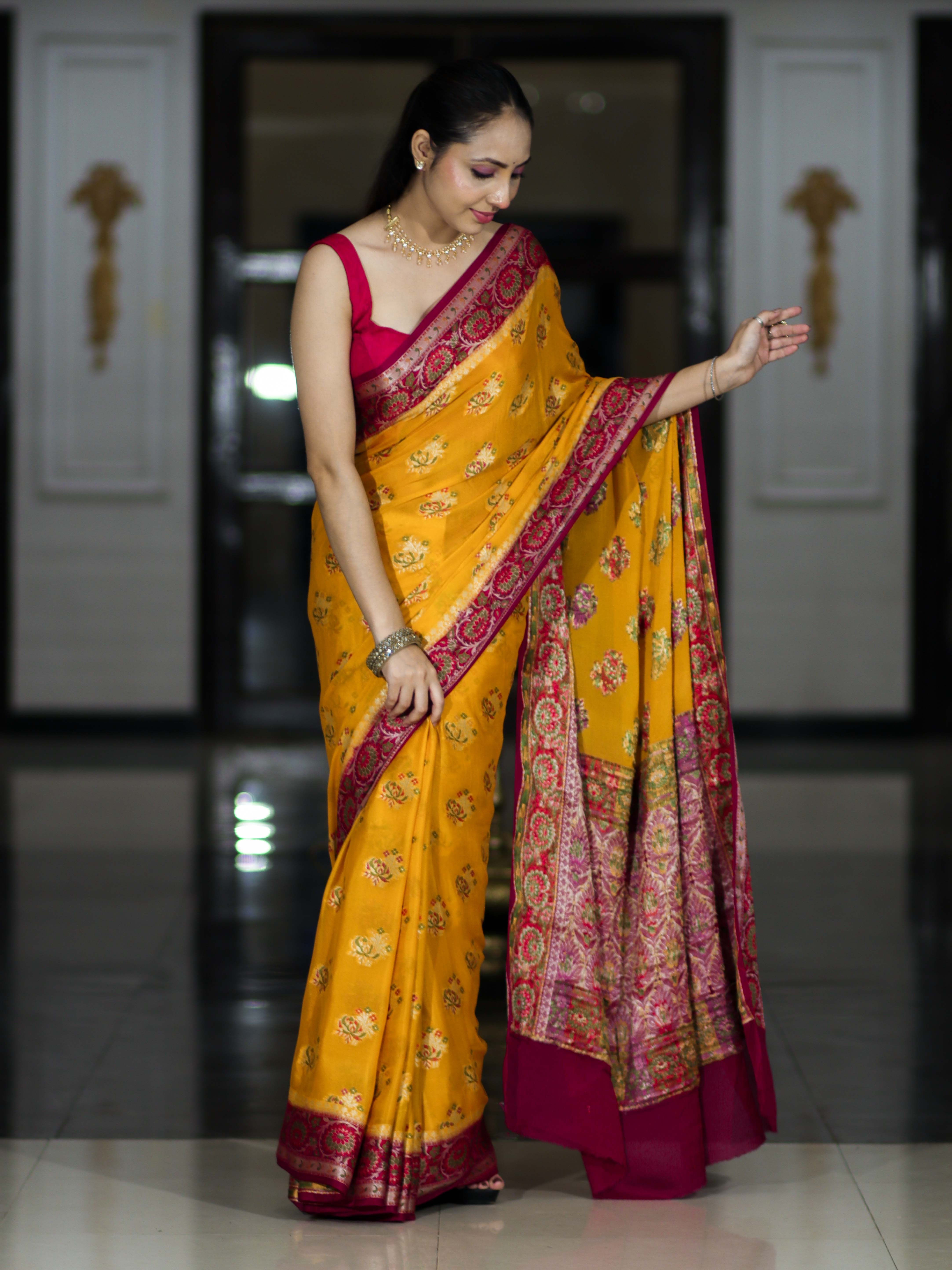 Banarasee Handloom Pure Chiffon Saree With Resham Work & Contrast Border-Yellow & Pink