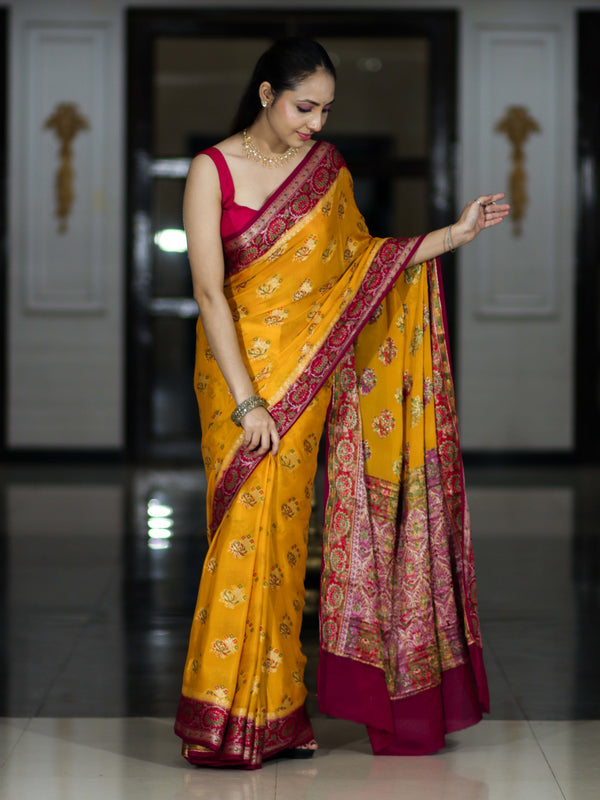 Banarasee Handloom Pure Chiffon Saree With Resham Work & Contrast Border-Yellow & Pink