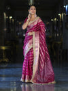 Banarasee Handwoven Tissue Saree With Zari Stripe Pattern Border & Lace-Magenta