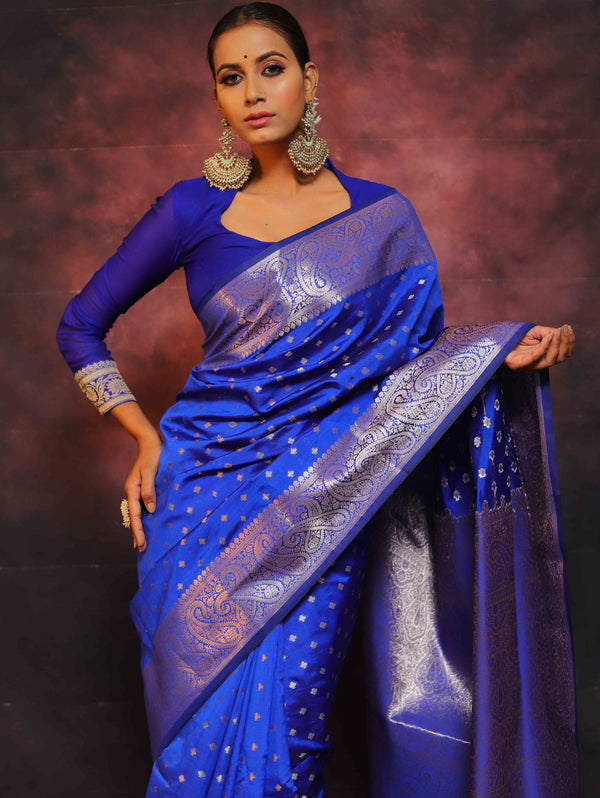 Banarasee Handwoven Semi Silk Saree With Zari Work-Blue