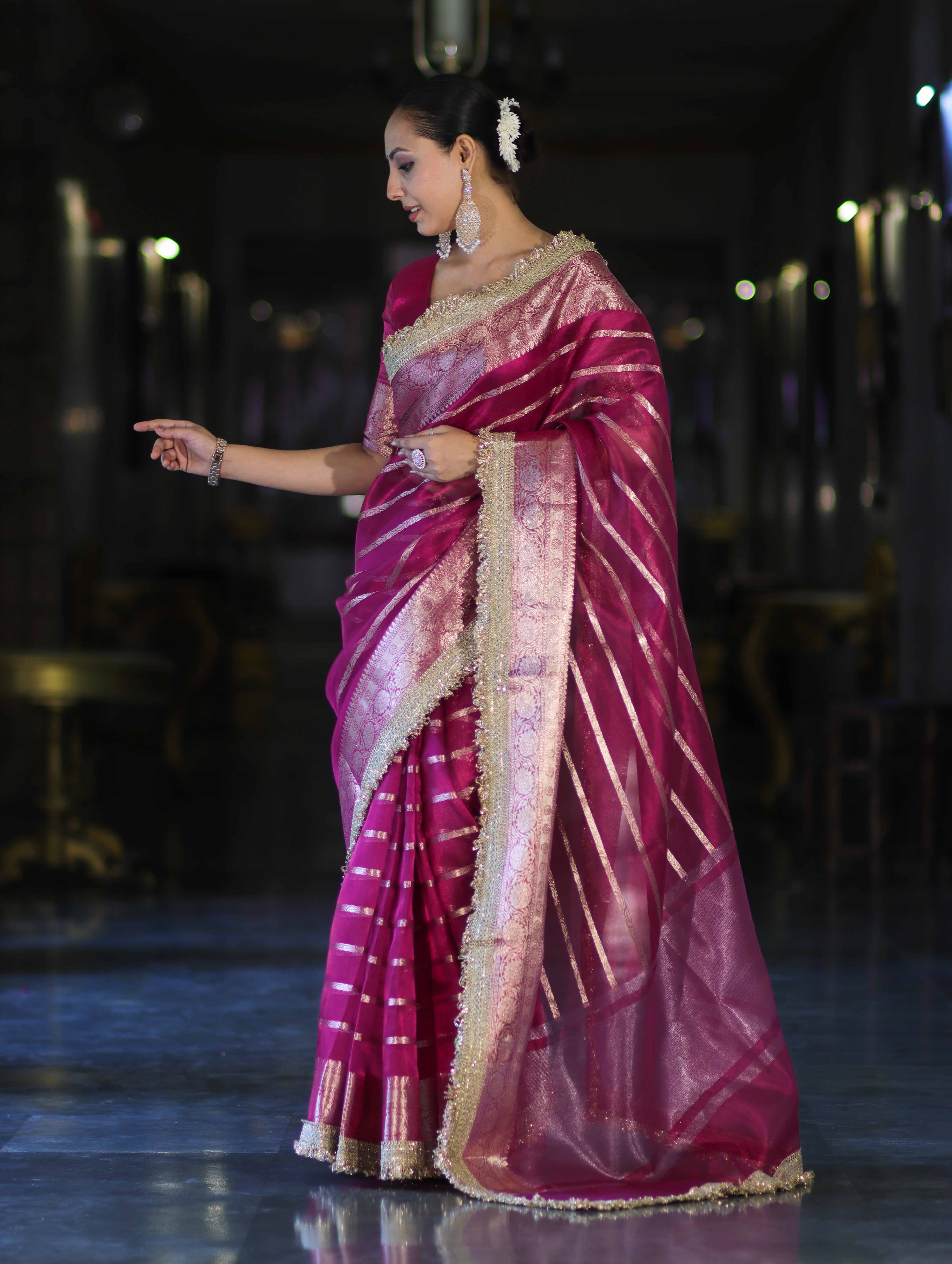 Banarasee Handwoven Tissue Saree With Zari Stripe Pattern Border & Lace-Magenta