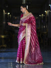 Banarasee Handwoven Tissue Saree With Zari Stripe Pattern Border & Lace-Magenta