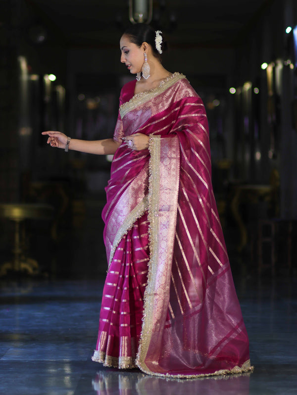 Banarasee Handwoven Tissue Saree With Zari Stripe Pattern Border & Lace-Magenta