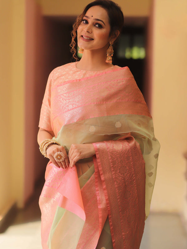 Banarasee Organza Mix Saree With Zari Buta & Border-Green & Pink