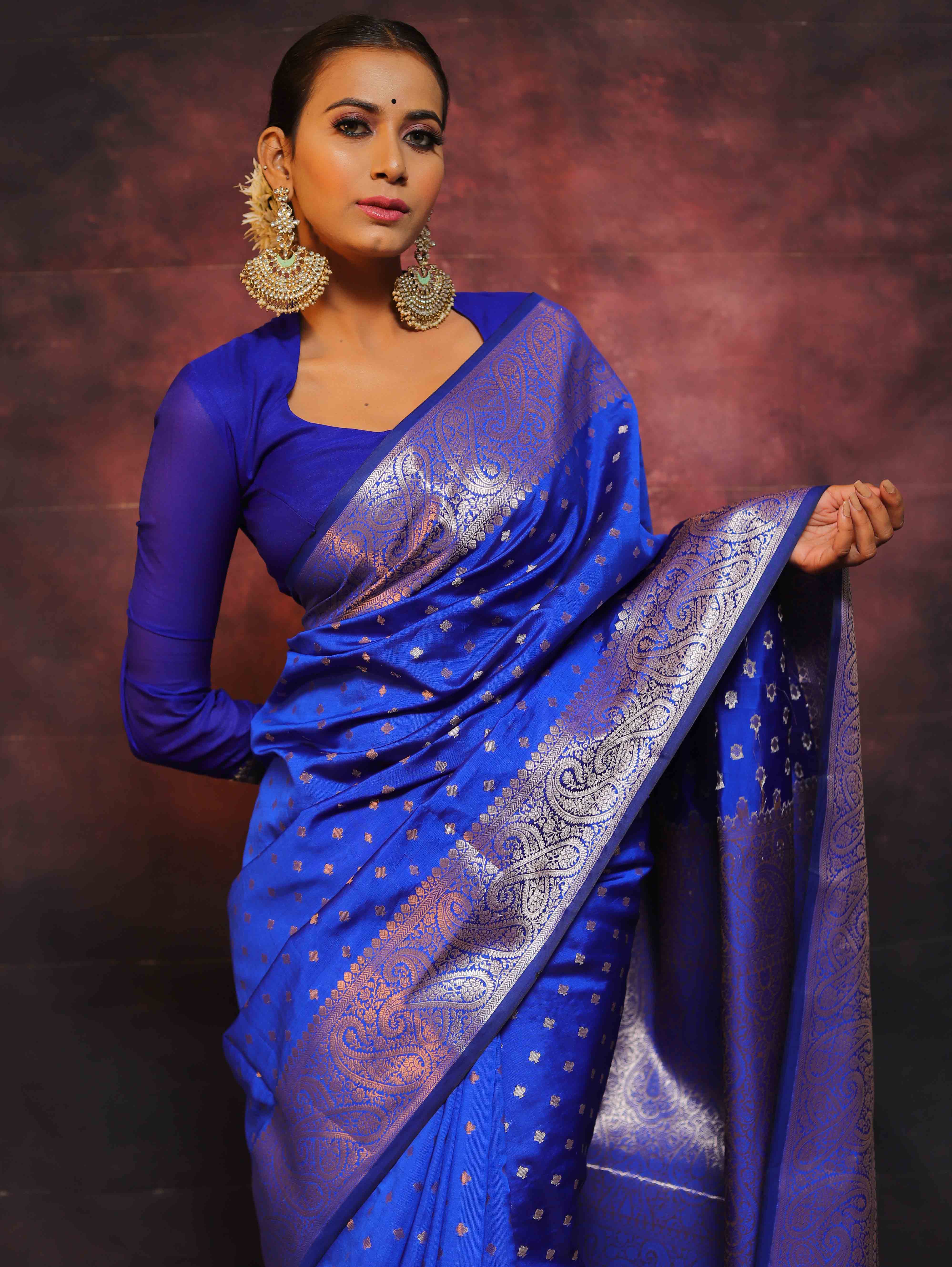 Banarasee Handwoven Semi Silk Saree With Zari Work-Blue
