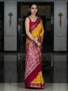 Banarasee Handloom Pure Chiffon Saree With Resham Work & Contrast Border-Yellow & Pink