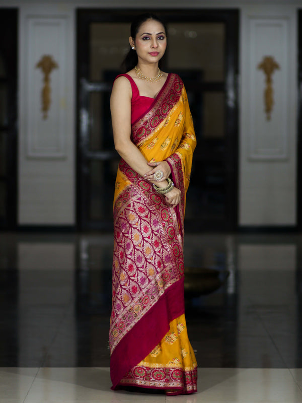 Banarasee Handloom Pure Chiffon Saree With Resham Work & Contrast Border-Yellow & Pink