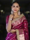 Banarasee Handwoven Tissue Saree With Zari Stripe Pattern Border & Lace-Magenta
