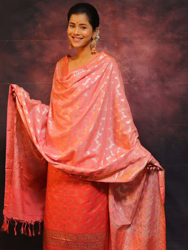 Banarasee Chanderi Cotton Salwar Kameez Fabric With Zari Work & Contrast Dupatta-Peach & Pink
