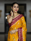 Banarasee Handloom Pure Chiffon Saree With Resham Work & Contrast Border-Yellow & Pink