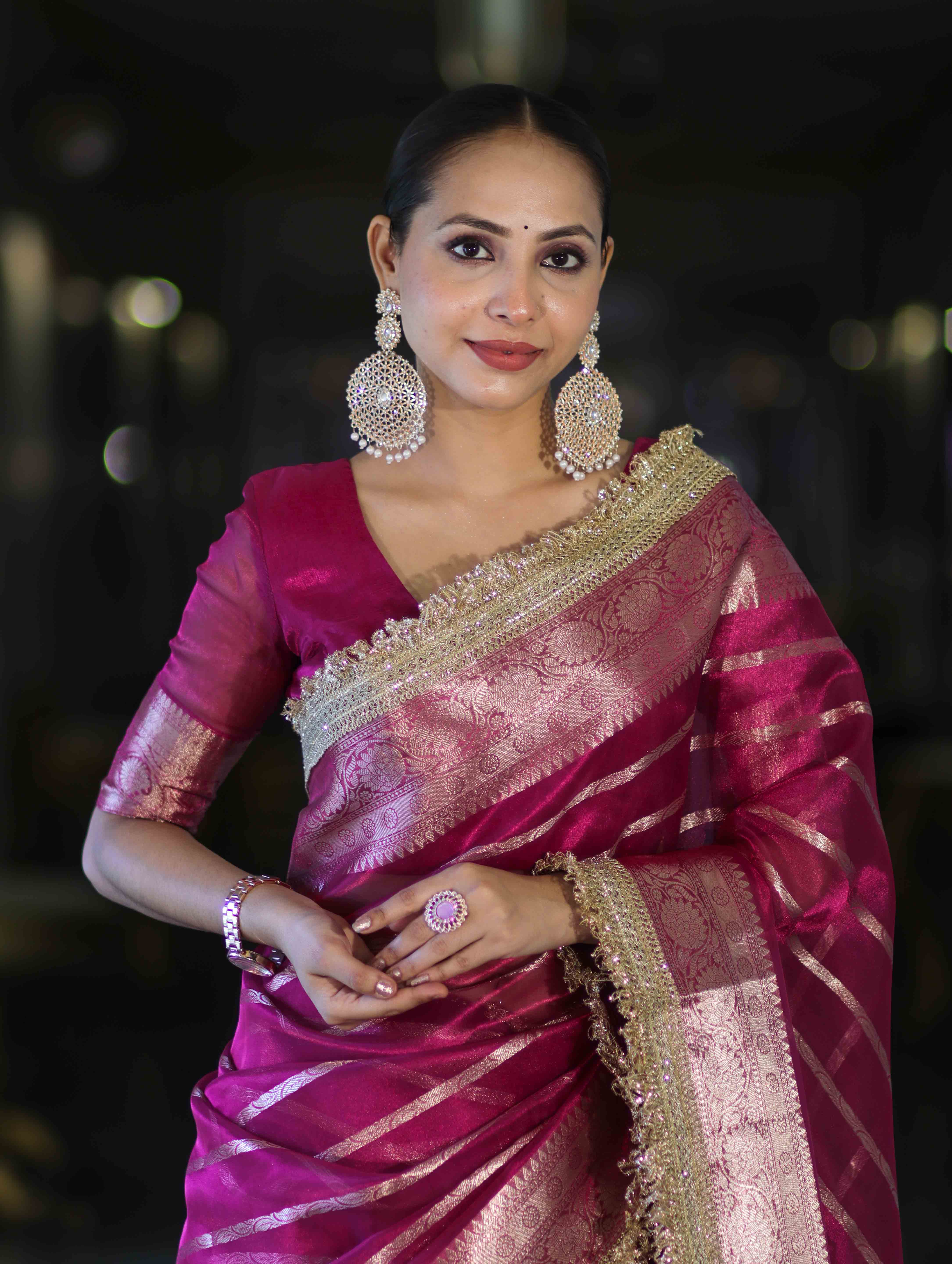 Banarasee Handwoven Tissue Saree With Zari Stripe Pattern Border & Lace-Magenta