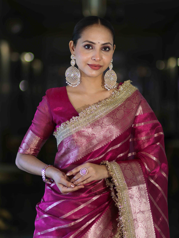 Banarasee Handwoven Tissue Saree With Zari Stripe Pattern Border & Lace-Magenta