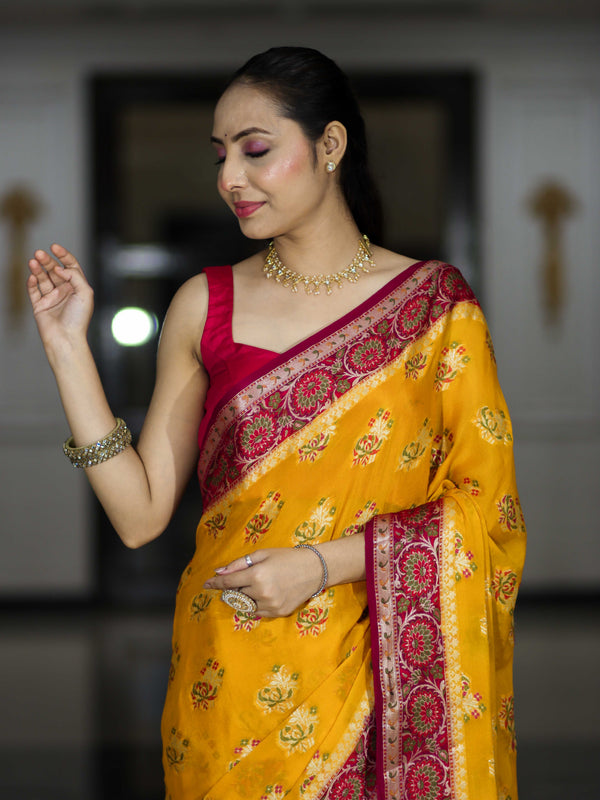 Banarasee Handloom Pure Chiffon Saree With Resham Work & Contrast Border-Yellow & Pink